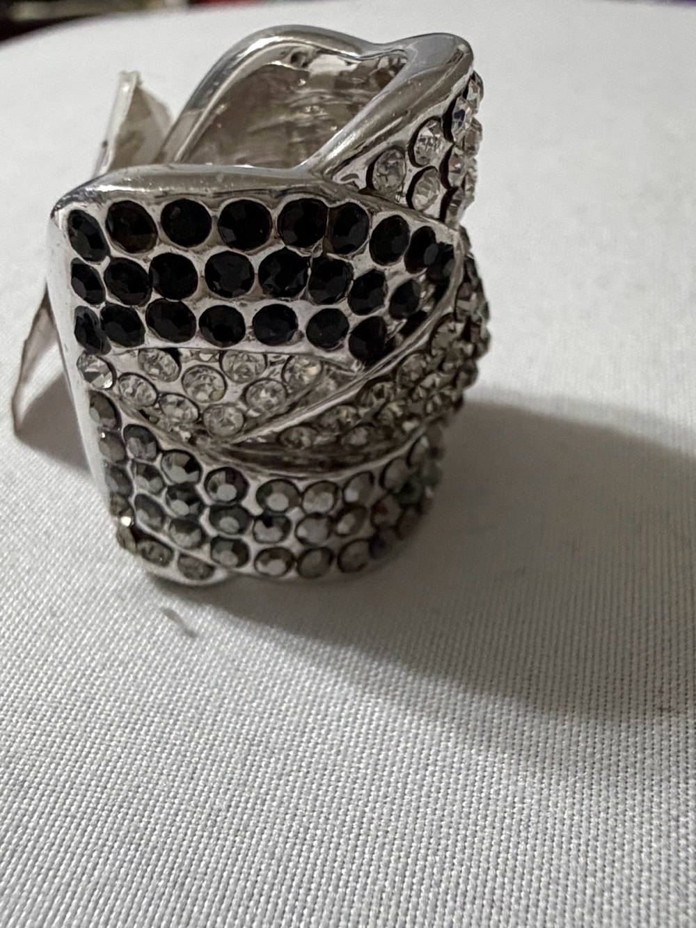 Y2K Silver Tone Rhinestone Statement Ring Size 5 Black & Clear Crystal Wide Band